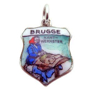 Vintage 800 Silver Brugge Belgium  Enamel Souvenir Travel Shield Charm 1940s